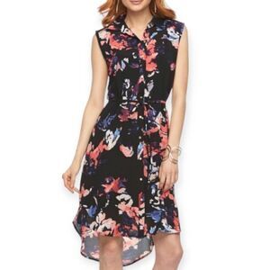 APT.9 BLACK W/PINK & PURPLE FLOWERS SLEEVELESS SHIRT DRESS SZ.XS EUC.